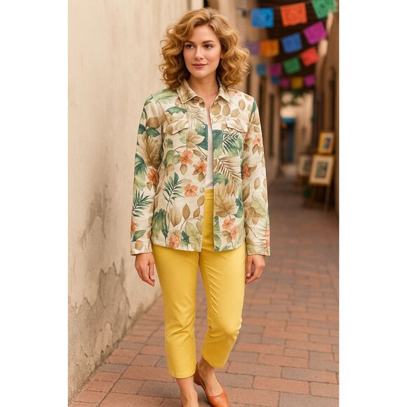 Alfred Dunner Size 12 Yellow Silk Blend Jacket Floral Trim Textured Lining - Picture 3 of 15